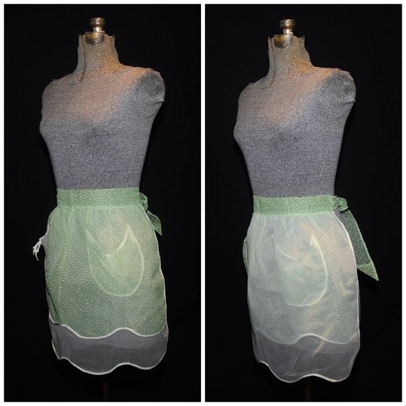 Vintage 50's REVERSIBLE Green Dotted Swiss & Ivory Organza Layered Hostess Apron - Picture 8 of 9